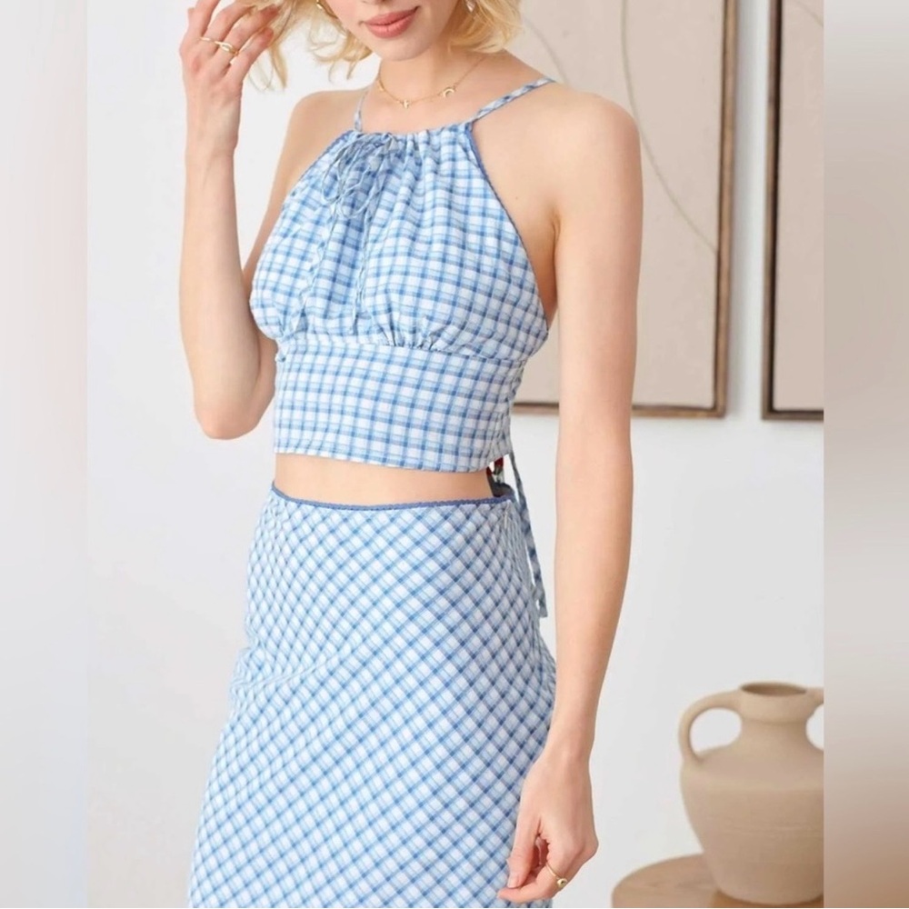 Le Lis Blue Plaid Halter Top and Lace Trim Midi Skirt with Side Slit Set - Picture 4 of 6